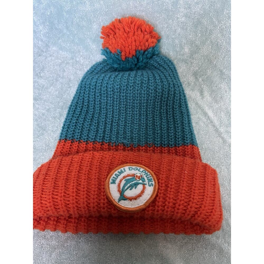 Vintage 70s 80s Miami Dolphins Winter Hat Stocking Cap Pom Pom Beanie NFL